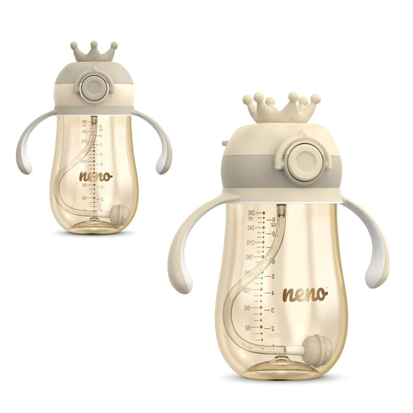Neno® Mio 2 Cream Premium Babyflasche mit Trinkhalm - BPA Frei - Anti-Kolik-Sauger