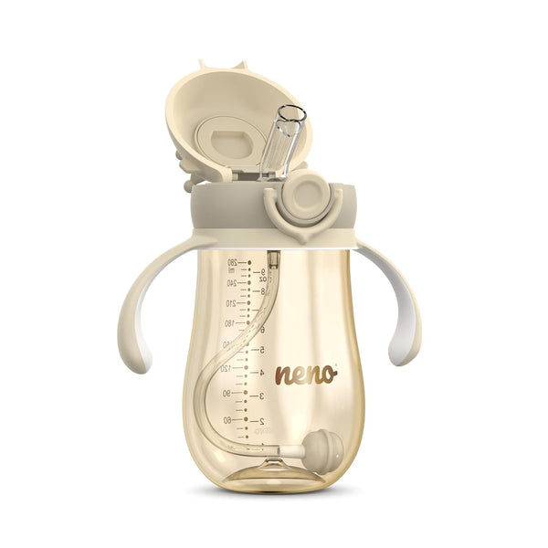 Neno® Mio 2 Cream Premium Babyflasche mit Trinkhalm - BPA Frei - Anti-Kolik-Sauger
